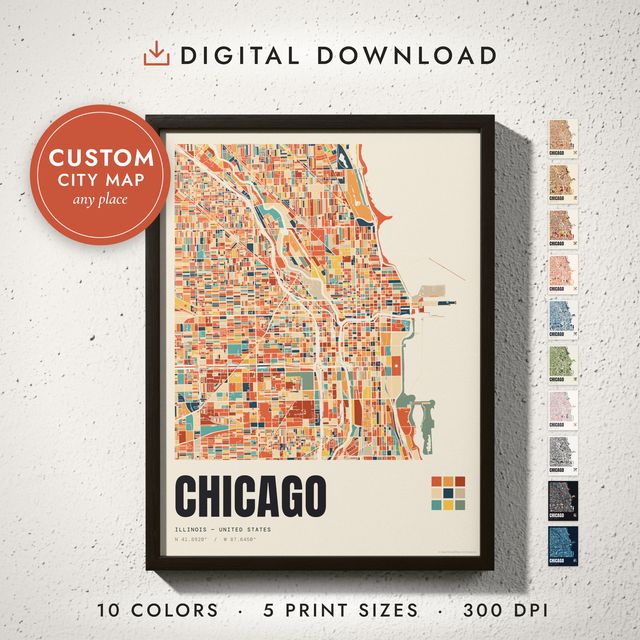 Mosaic City Map: framed print on a wall