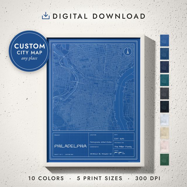 Blueprint City Map: framed print on a wall