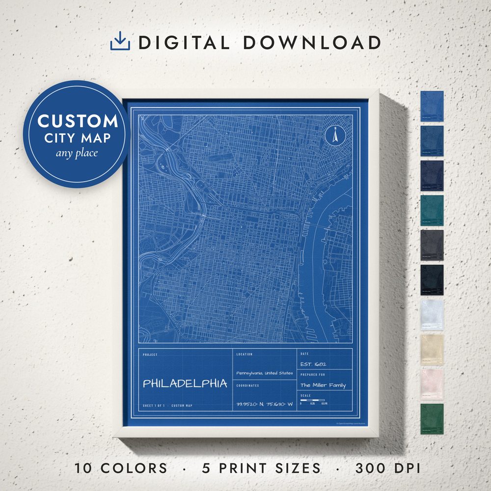Blueprint City Map: framed print on a wall