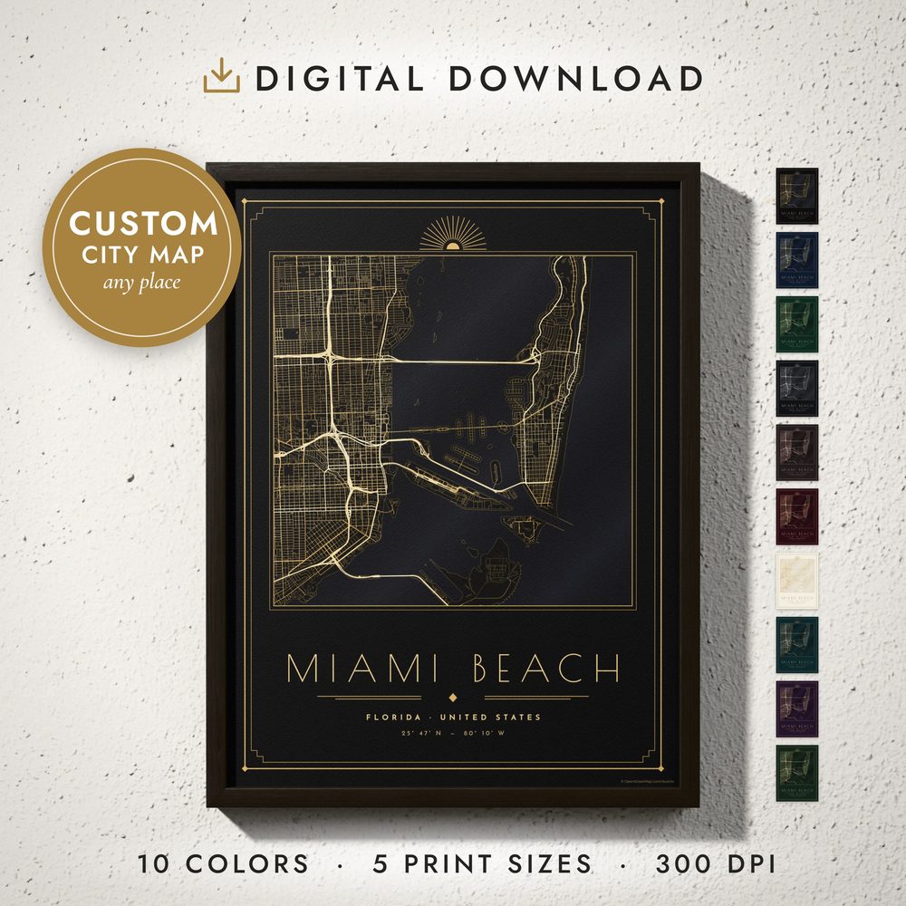 Art Deco City Map: framed print on a wall