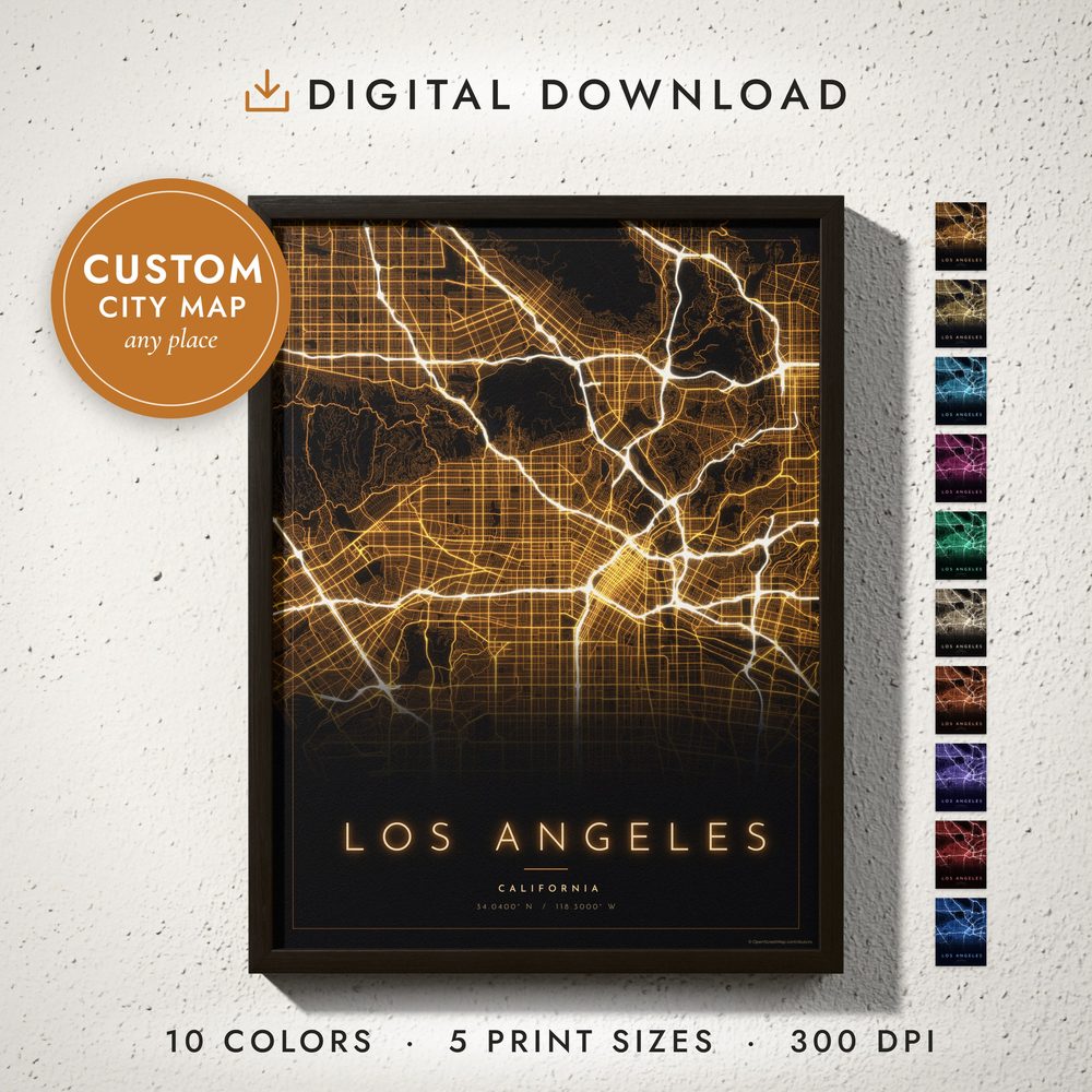 City Lights Map: framed print on a wall