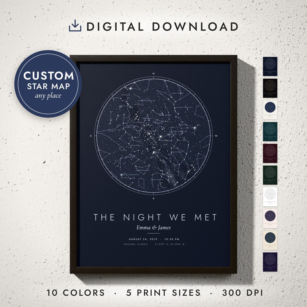 Night Sky Star Map: framed print on a wall
