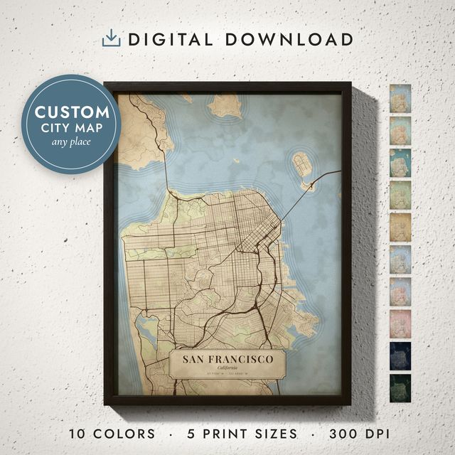 Antique Atlas City Map: framed print on a wall